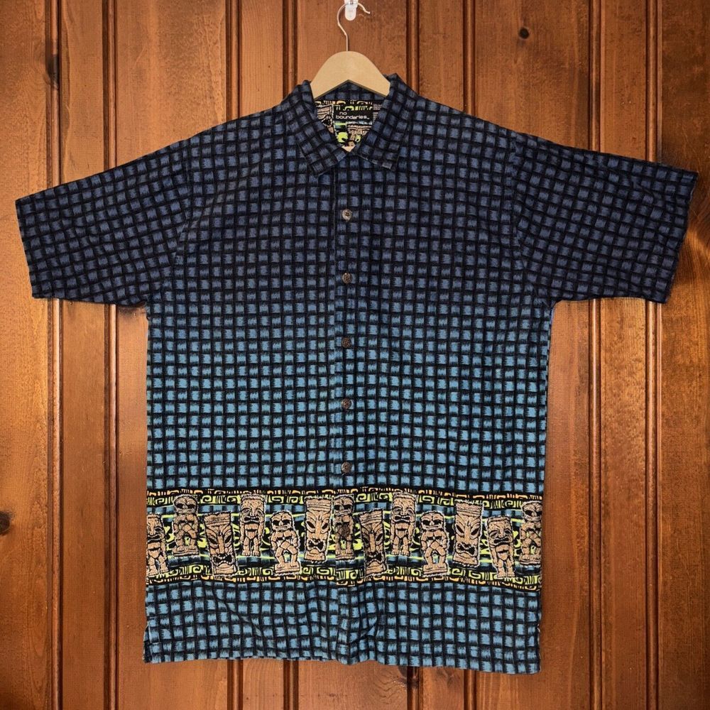VTG 90s No Boundaries Hawaiian Shirt Mens Large Blue Ombré Neon Aztec Tiki AOP